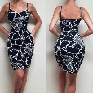 80s Rare Vintage Guess Black White Abstract Ditsy Floral Stretchy Mini Dress L